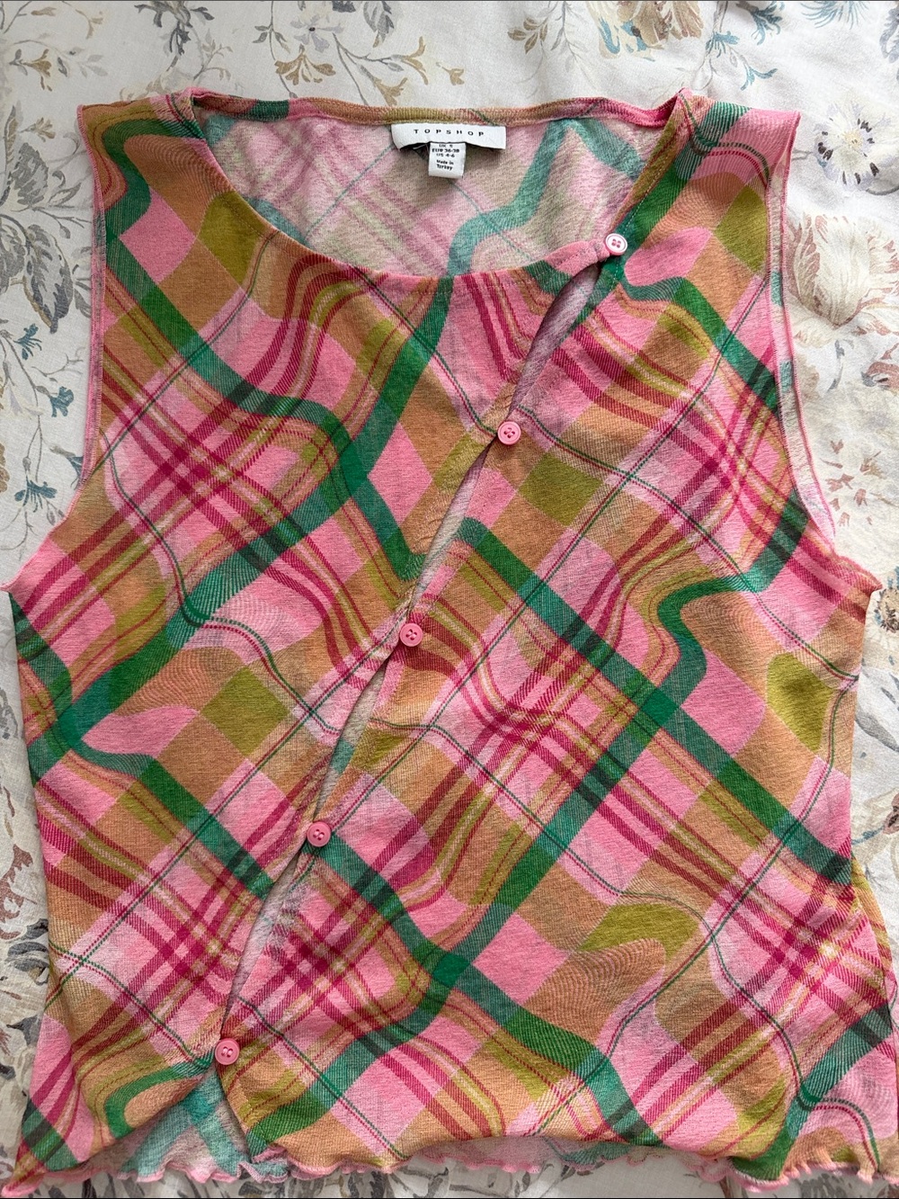 Topshop Pink, Green & Brown Plaid Sleeveless Knit Tank